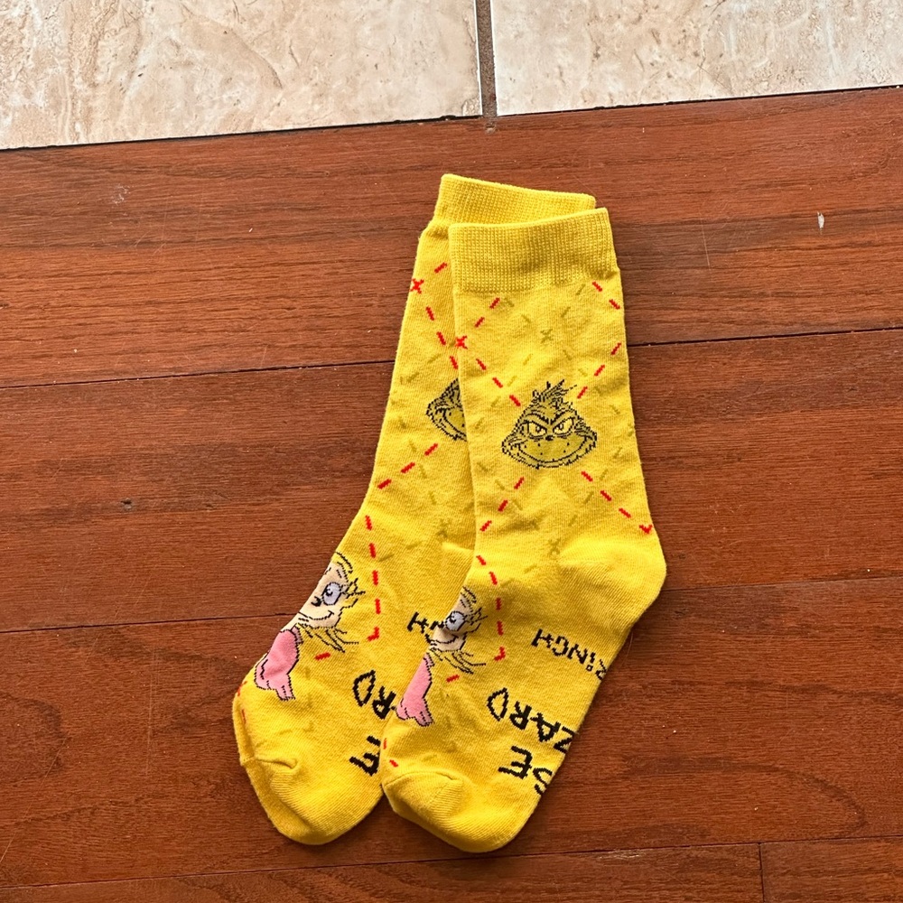 McDonald's Yellow Grinch Patterned Crew Socks with Red and Pink Accents
